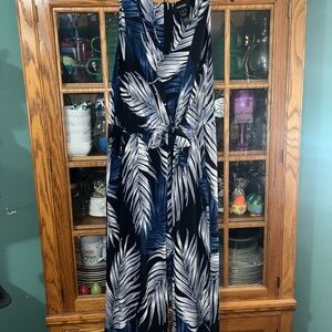 Karen Kane Navy and White Leaf Print Maxi Dress